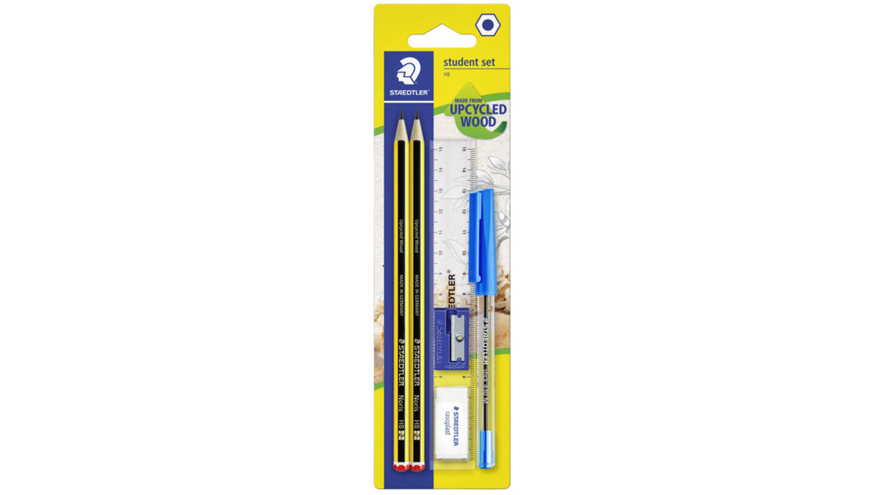 Schrijfset Staedtler inhoud 2 Noris potloden HB en balpen gum slijper en liniaal