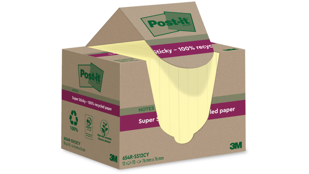 Memoblok Post-it Super Sticky 654 RSS12CY recycled 76x76mm canary yellow 12 stuks