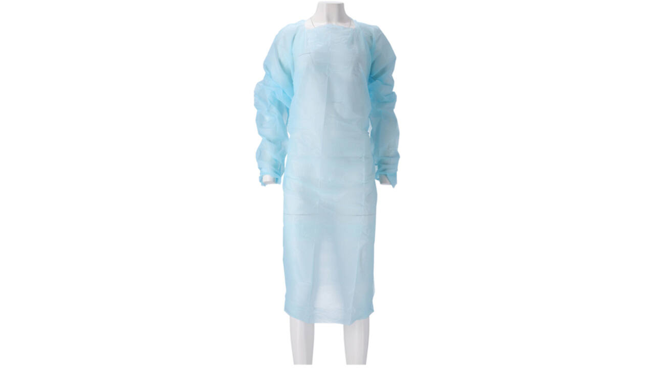 Schort CMT 115x105cm 30mu geruwd lange mouw CPE blauw