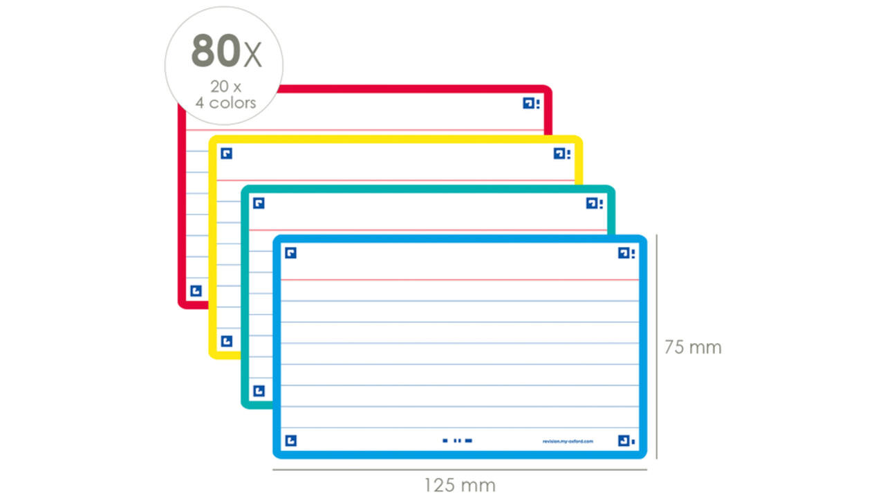 Flashcard Oxford 2.0 75x125mm 80vel 250gr lijn assorti