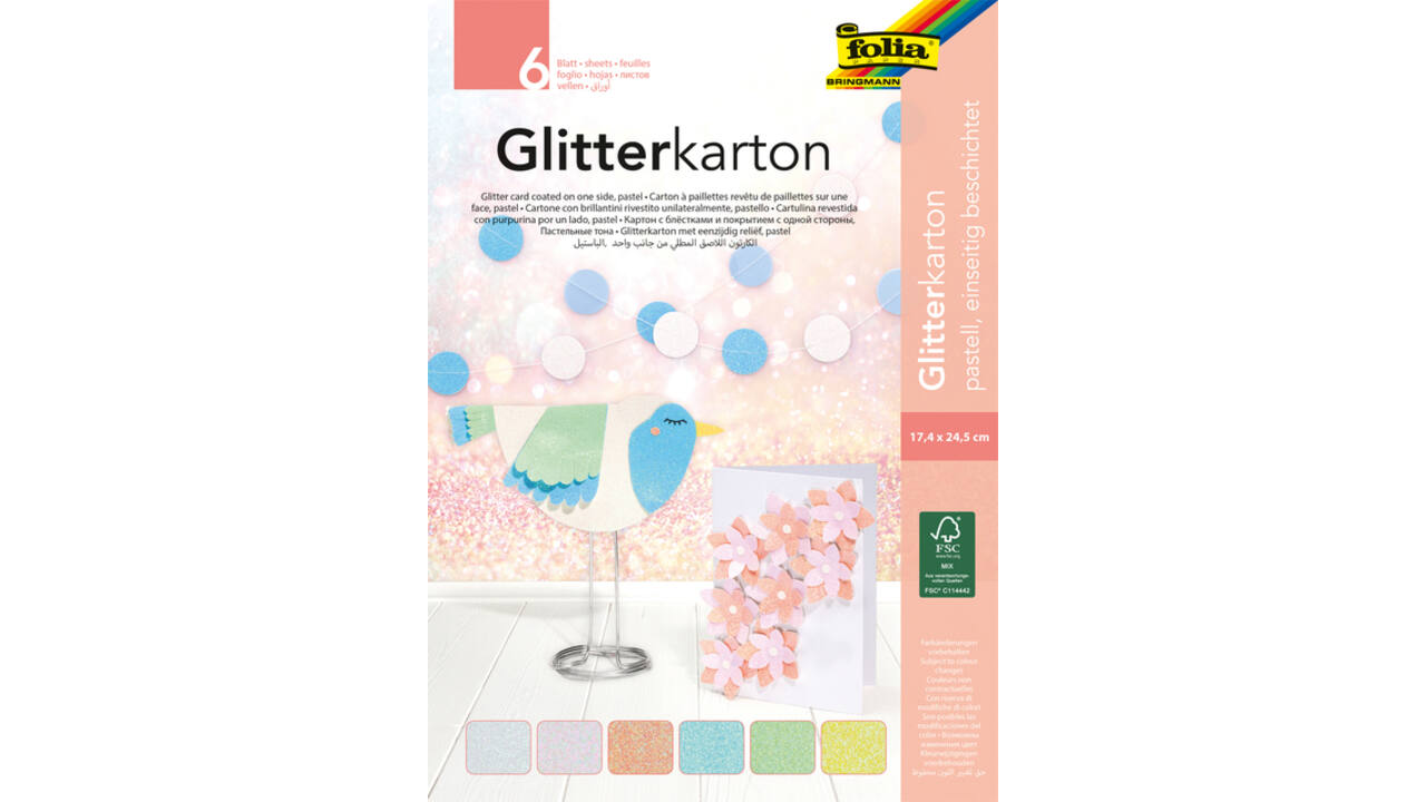 Glitterkarton Folia 174x245mm 6 vel pastel assorti