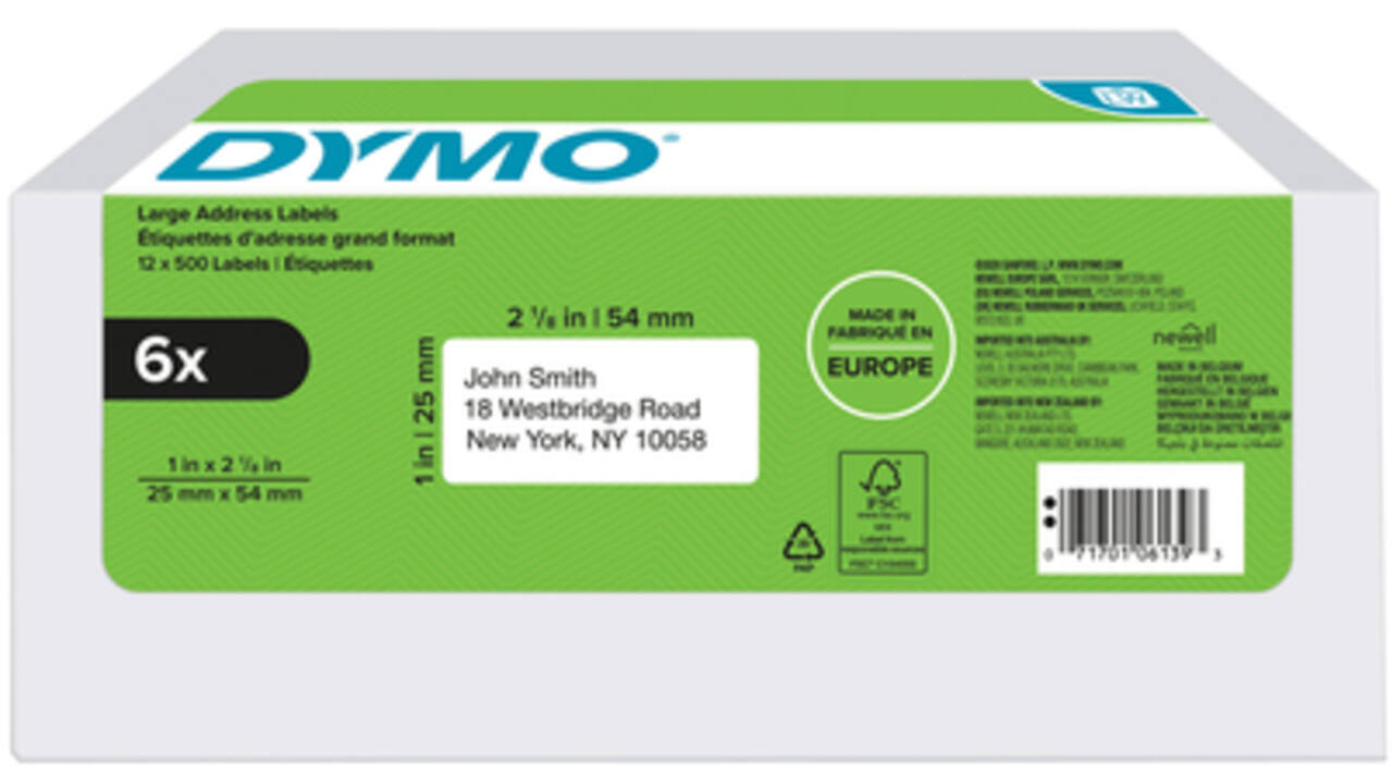 Etiket Dymo LabelWriter adressering 25x54mm 6 rollen á 500 stuks wit