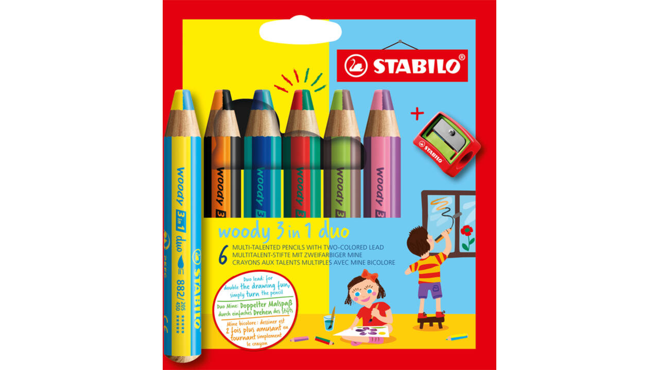 Kleurpotloden STABILO 882 woody 3 in 1 duo inclusief puntenslijper assorti etui 6 à stuks
