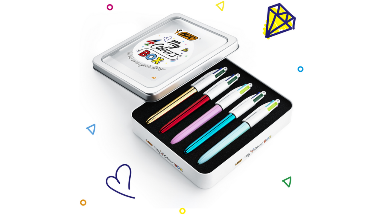 Balpen Bic 4kleuren My Bic medium assorti blik à 5 stuks