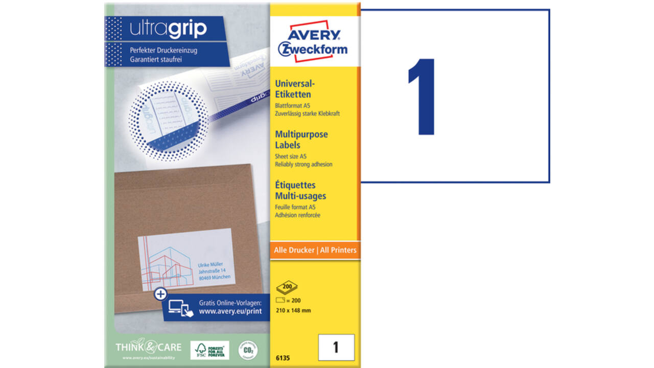 Etiket Avery Zweckform 6135 210x148mm wit 200stuks