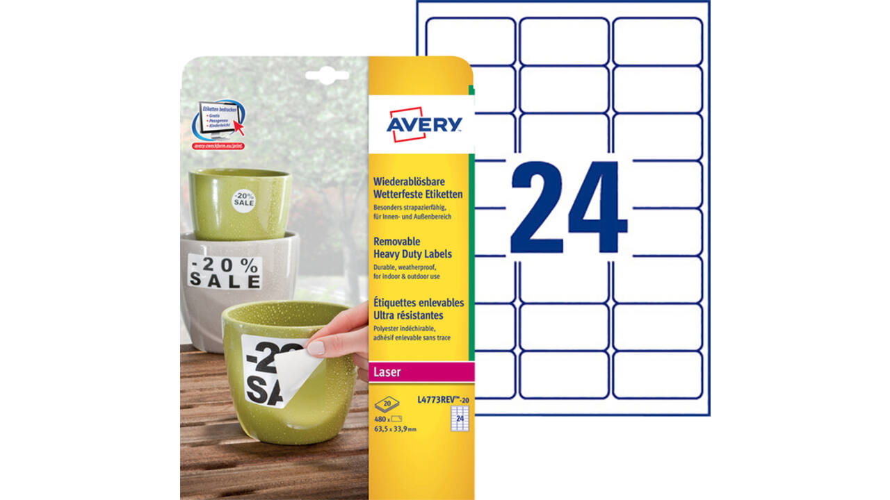 Etiket Avery L4773REV-20 63.5x33.9mm wit 480stuks