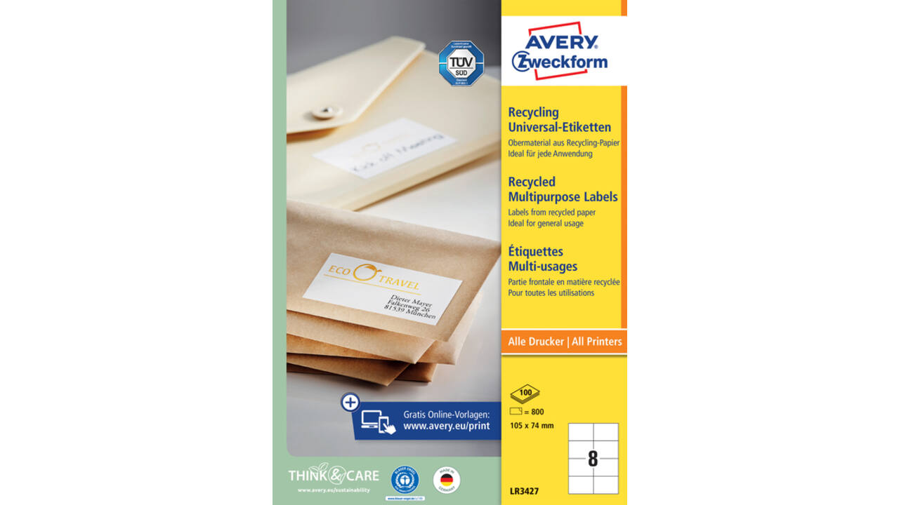 Etiket Avery Zweckform LR3427-100 105x74mm recycled wit 800stuks