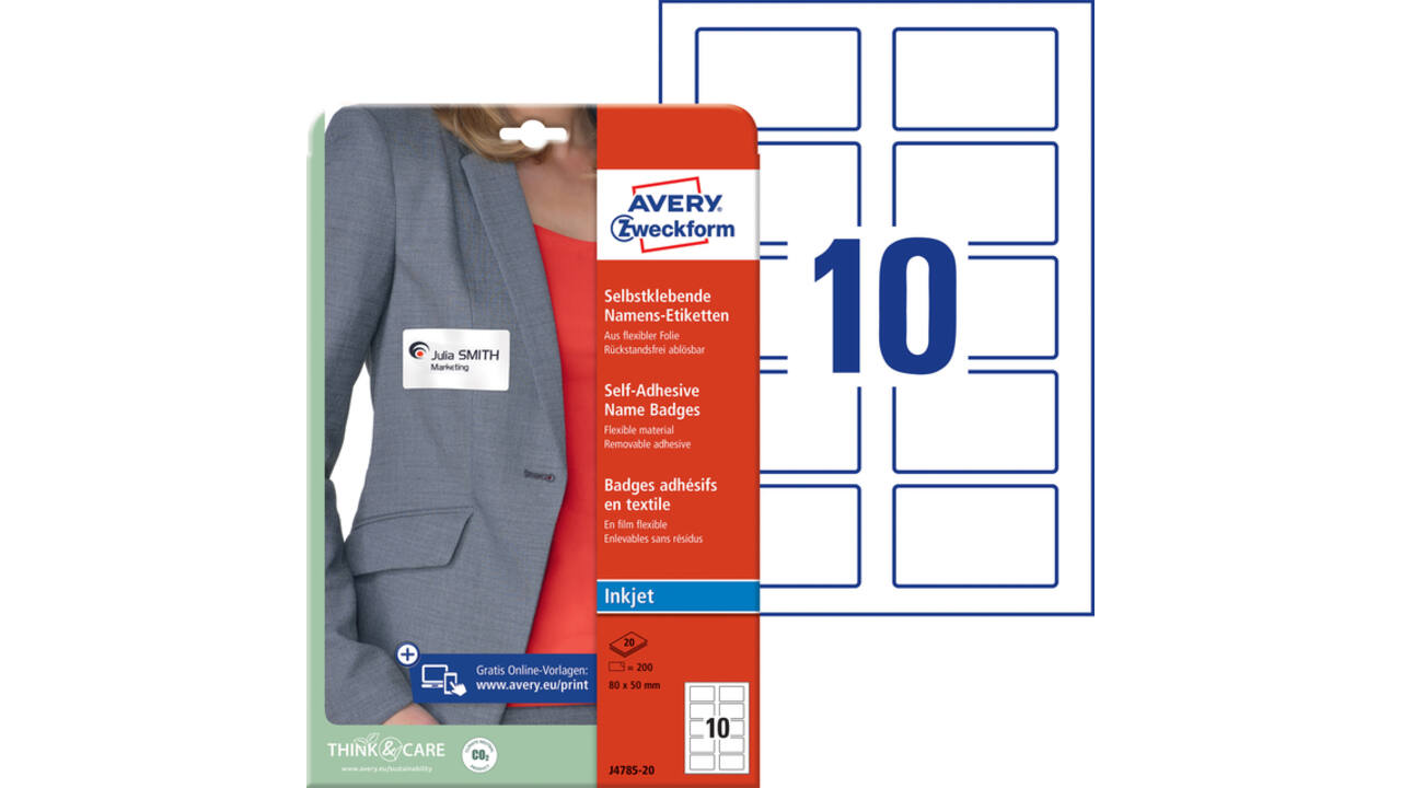 Badge Avery Zweckform J4785-20 80x50mm wit 200stuks
