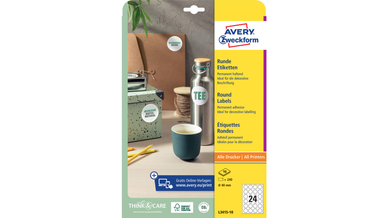 Etiket Avery Zweckform L3415-10 rond 40mm wit 240stuks