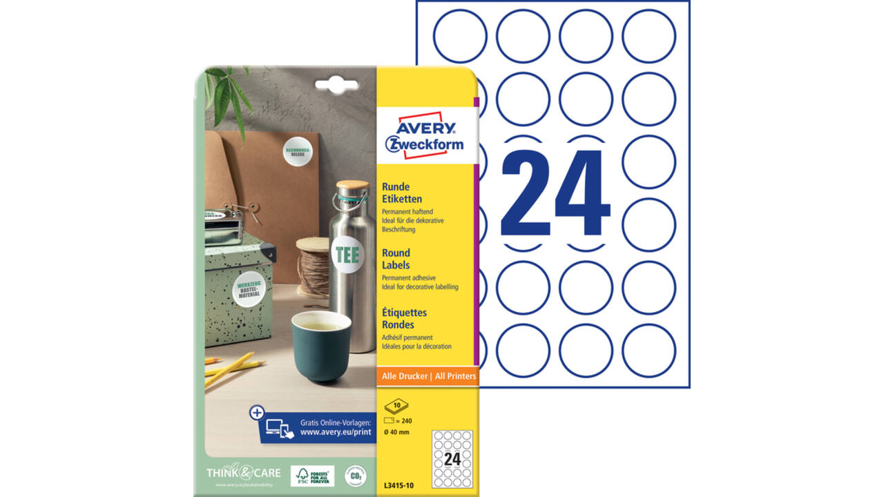 Etiket Avery Zweckform L3415-10 rond 40mm wit 240stuks