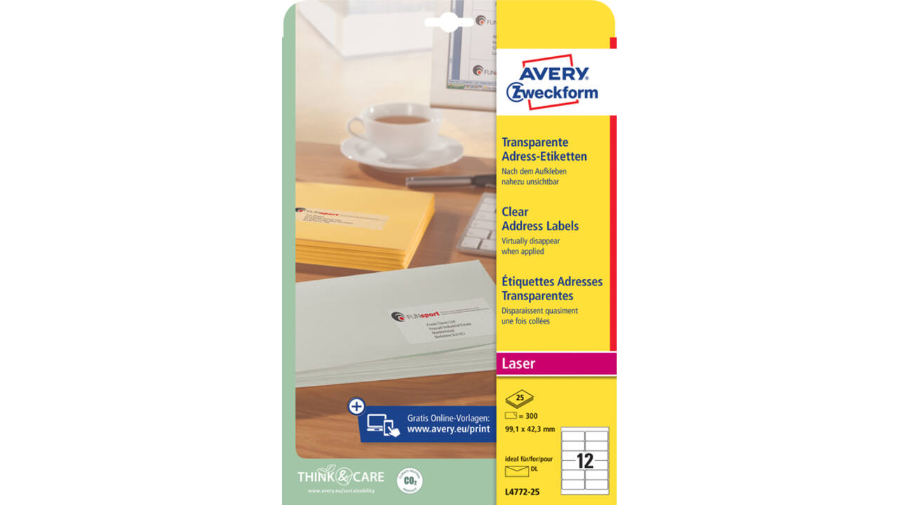 Etiket Avery Zweckform L4772-25 99.1x42.3 mm transparant mat 300stuks