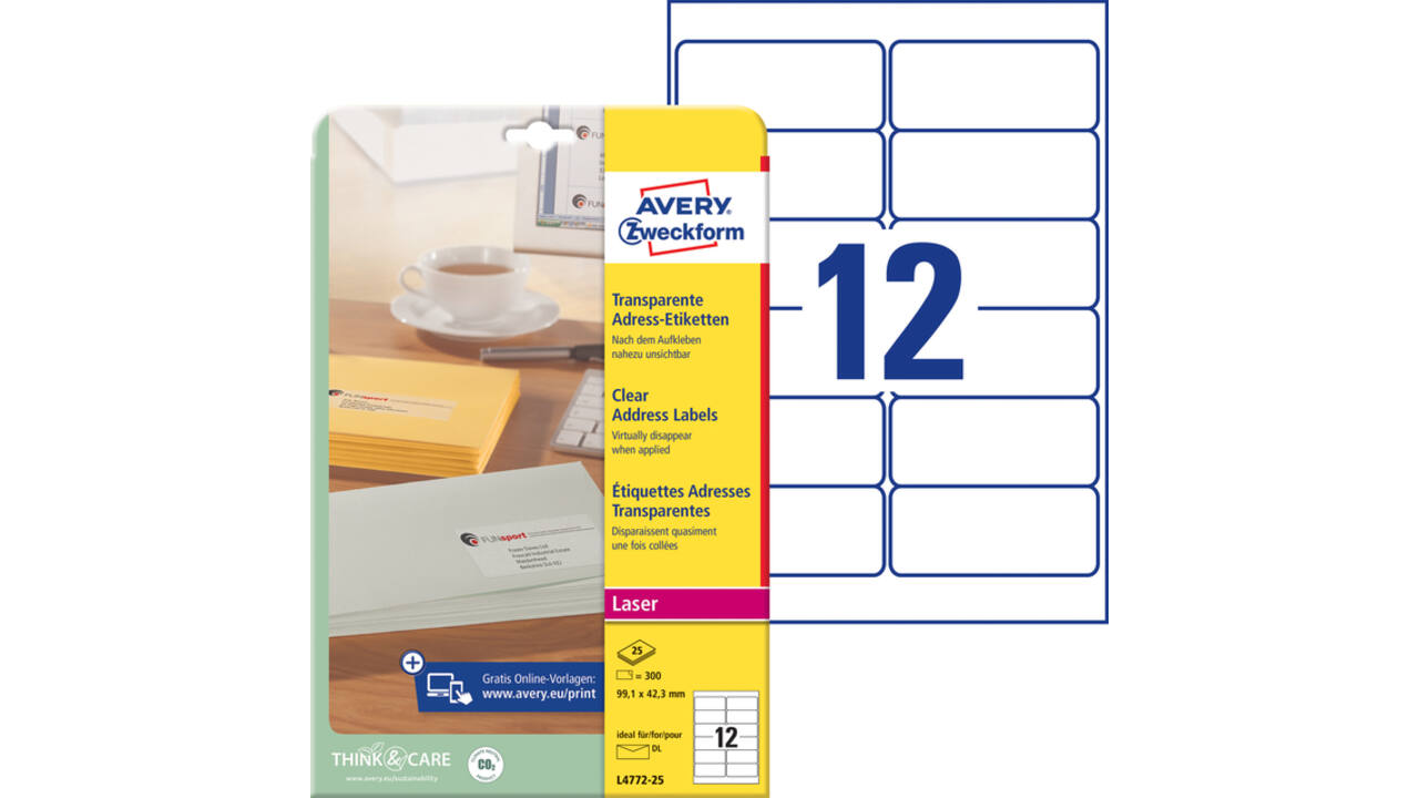 Etiket Avery Zweckform L4772-25 99.1x42.3 mm transparant mat 300stuks