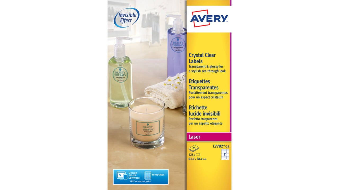 Etiket Avery L7782-25 63.5x38.1mm transparant 525stuks