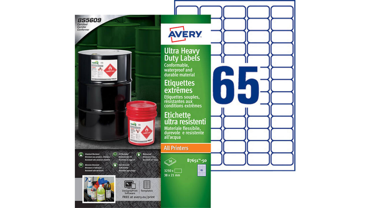 Etiket Avery B7651-50 38x21mm polyethyleen wit 3250stuks