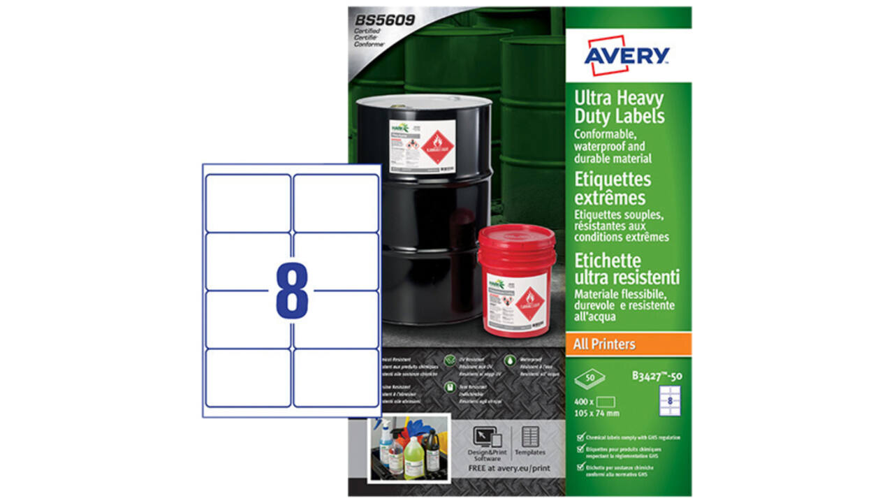 Etiket Avery B3427-50 105x74mm polyethyleen wit 400stuks