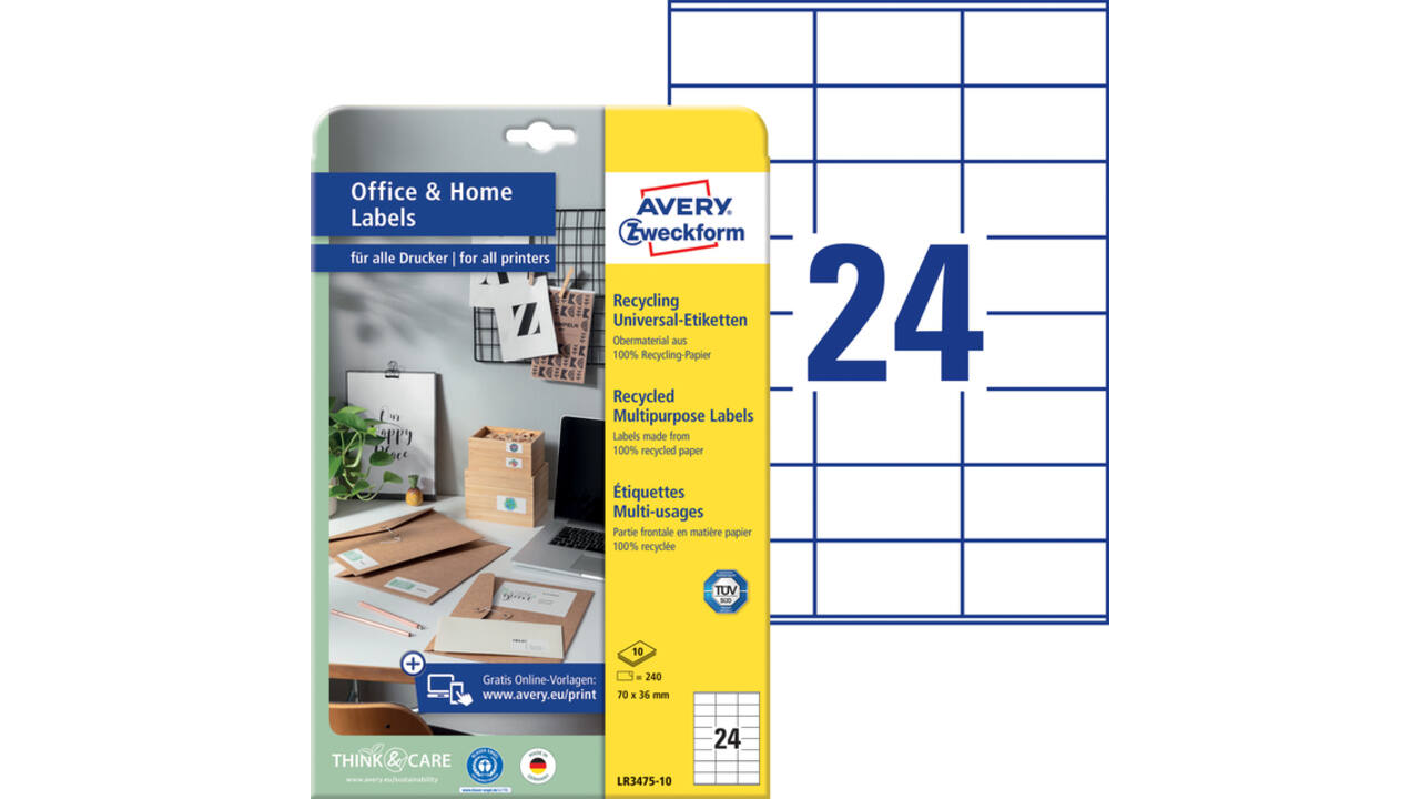 Etiket Avery Zweckform LR3475-10 70x36mm recycled wit 240stuks