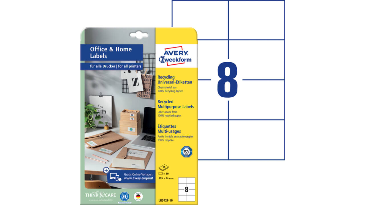 Etiket Avery Zweckform LR3427-10 105x74 mm recycled wit 80stuks