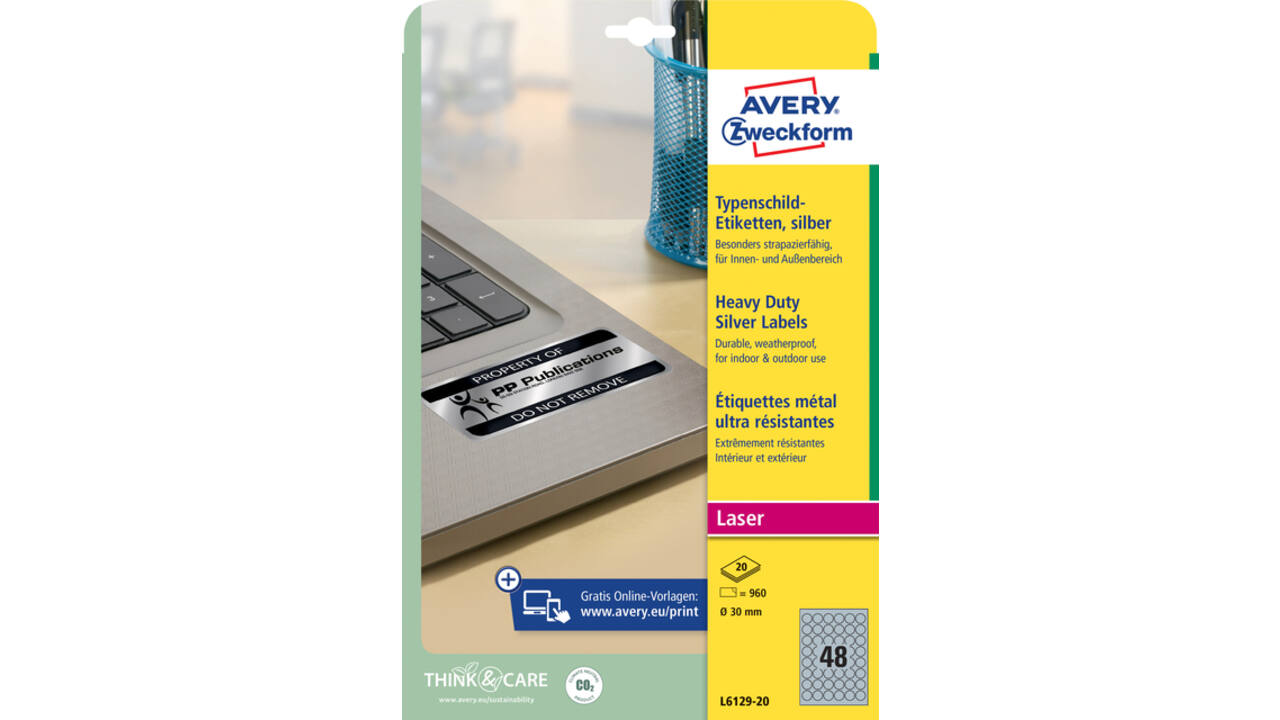 Etiket Avery Zweckform L6129-20 rond 30mm zilver 960stuks