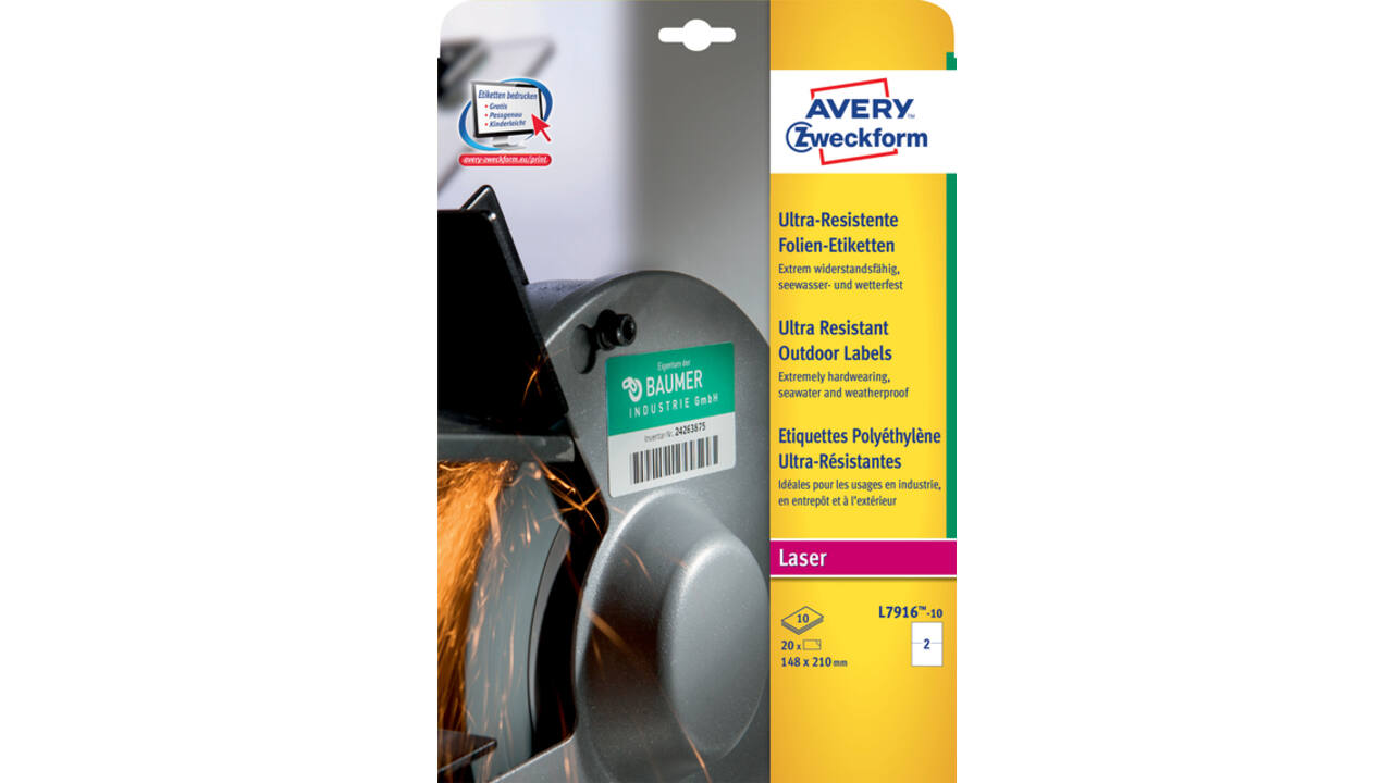 Etiket Avery Zweckform L7916-10 210x148mm polyethyleen wit 20stuks
