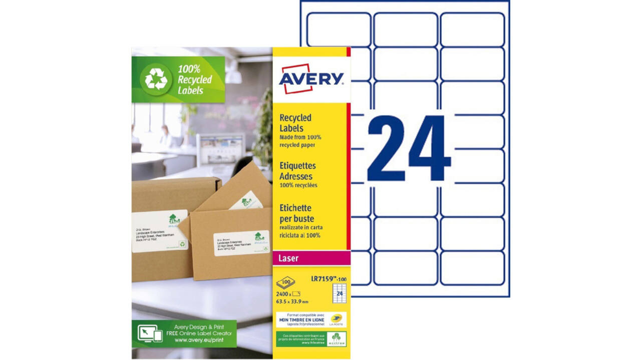 Etiket Avery LR7159-100 33.9x63.5mm recycled wit 2400stuks