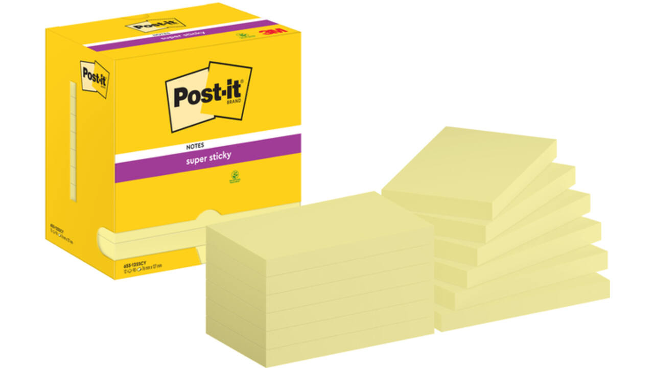 Memoblok Post-it 655 Super Sticky 76x127mm Canary yellow 12 stuks
