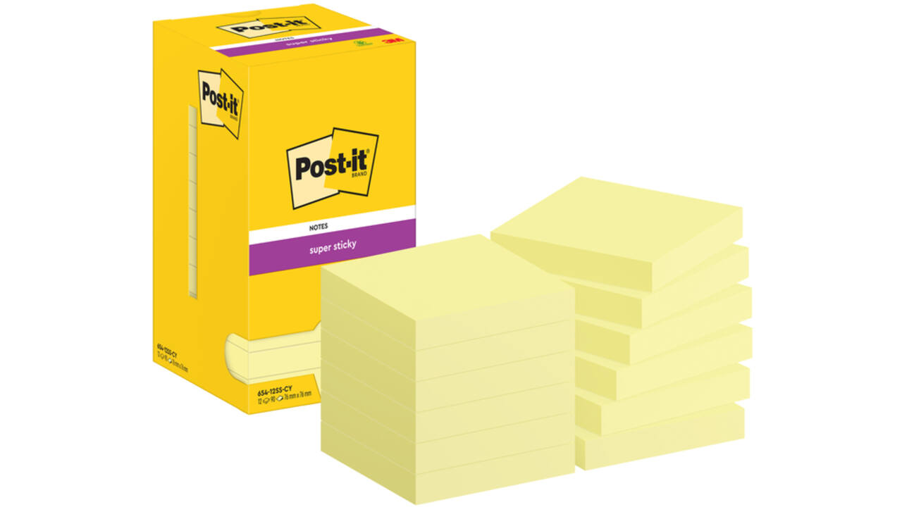 Memoblok Post-it 654 Super Sticky 76x76mm canary yellow
