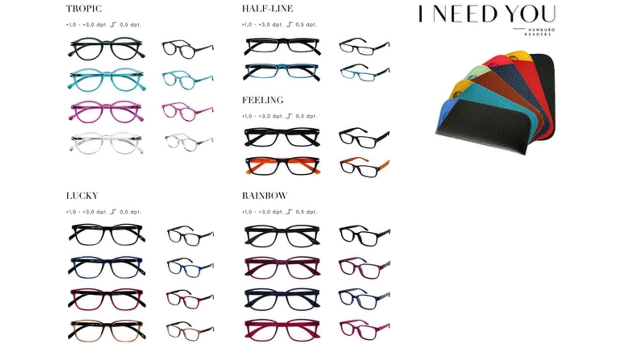 Leesbril I Need You Tropic/Lucky/Half-line/Feeling/Rainbow assorti doos à 80 brillen en hoesjes