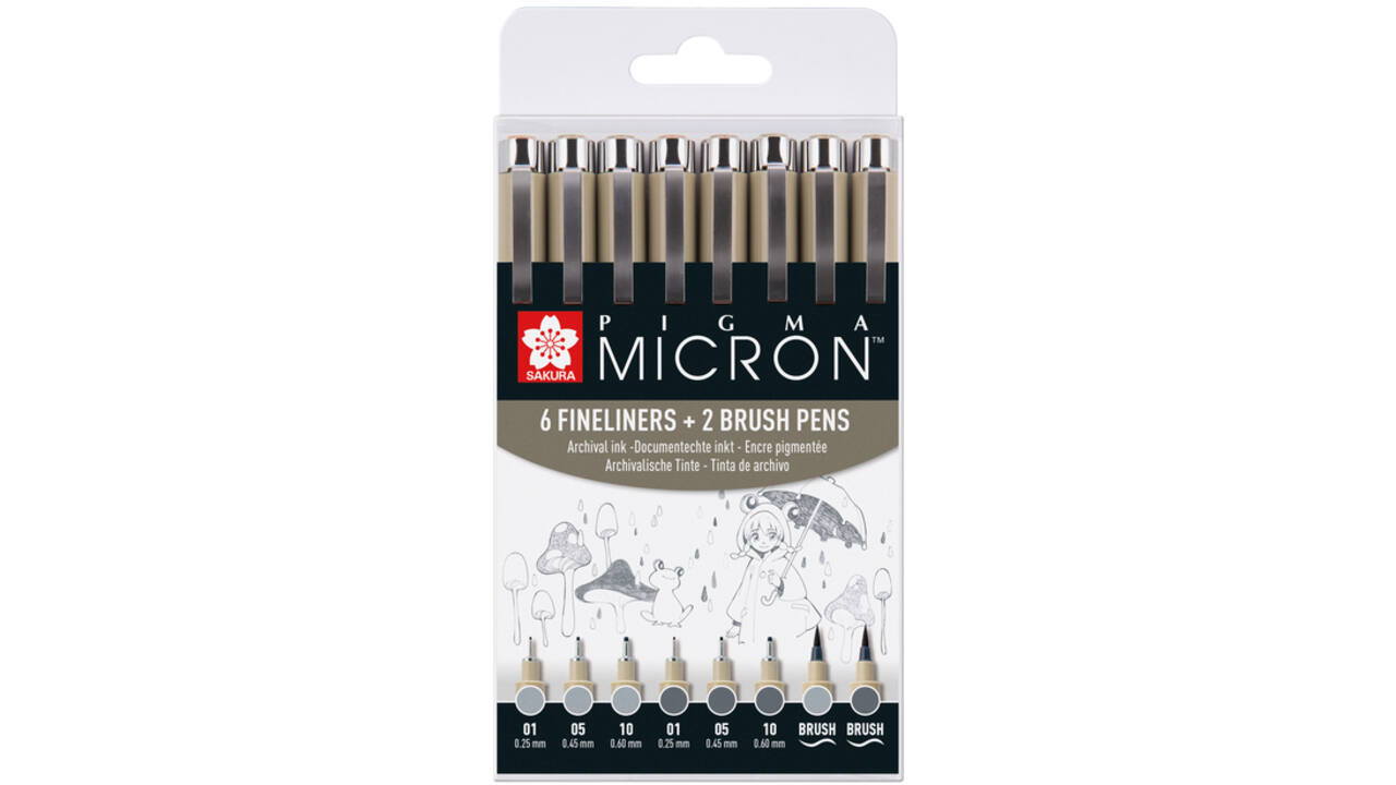 Fineliner en brushpen Sakura Pigma Micron koudgrijs set à 8 stuks assorti