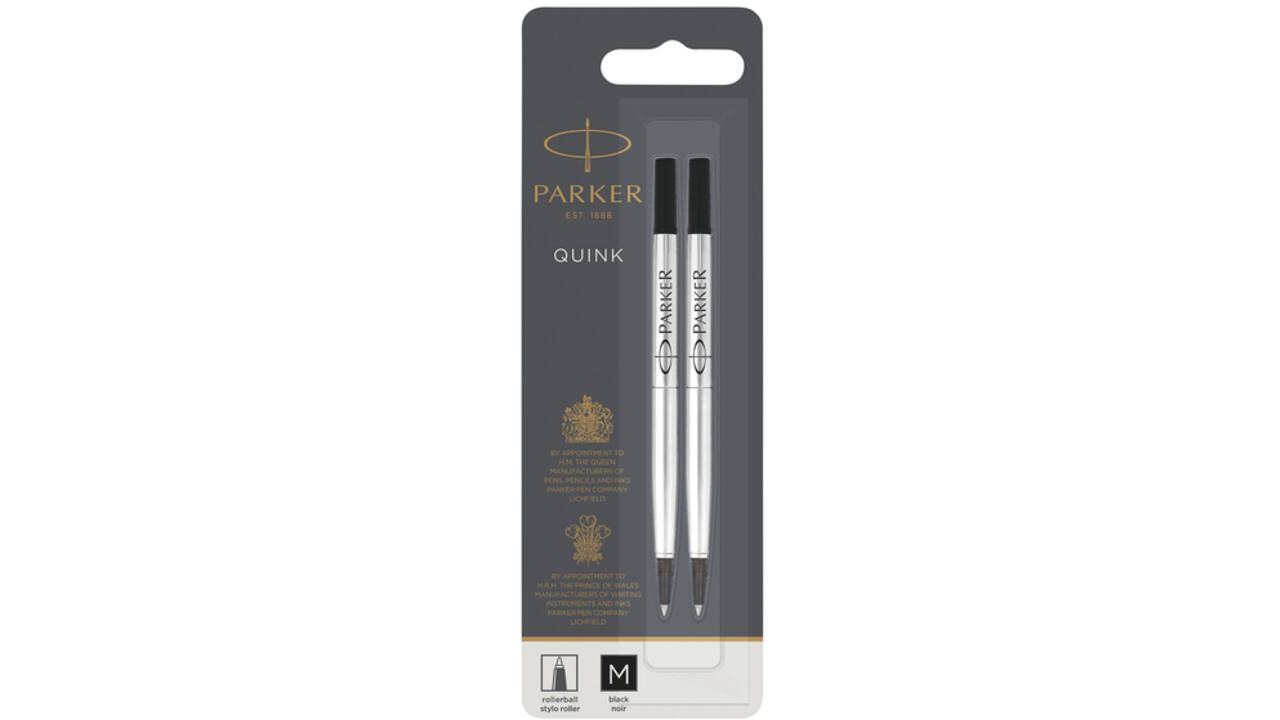 Rollerpenvulling Parker Quink medium zwart blister à 2 stuks