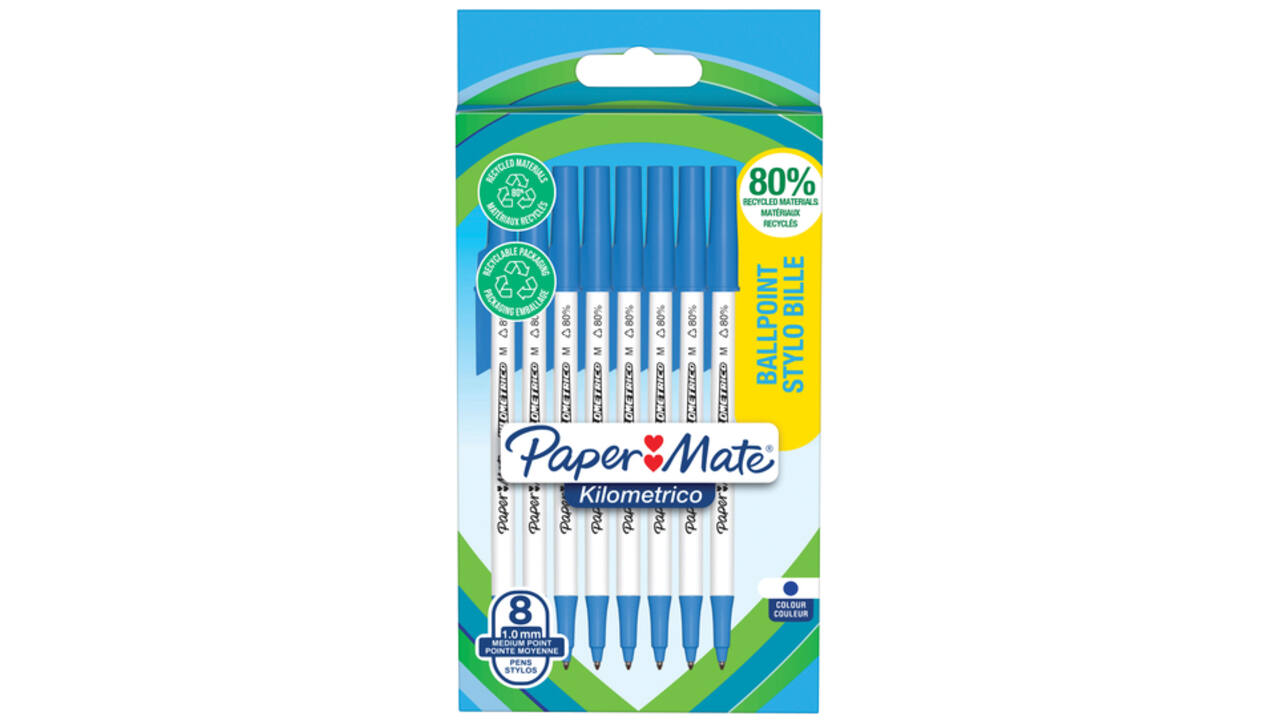 Balpen Paper Mate Kilometrico Recycled medium blauw blister à 8 stuks