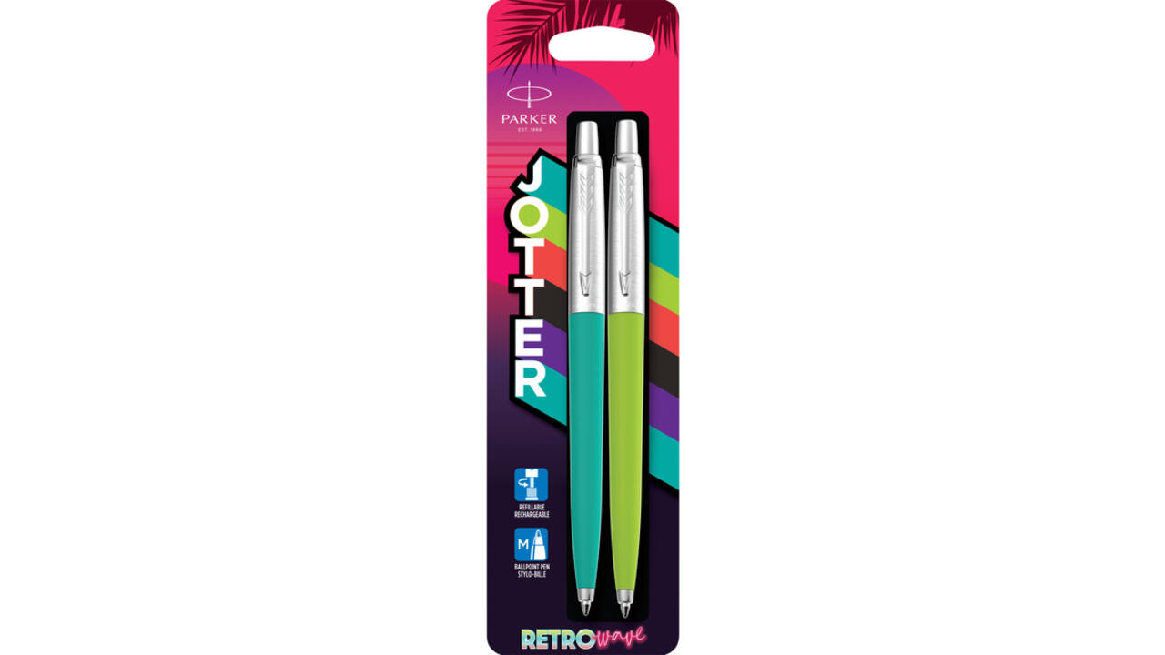 Balpen Parker Jotter Original 80's Retrowave duo turquoise en appelgroen CT medium blister à 2 stuks