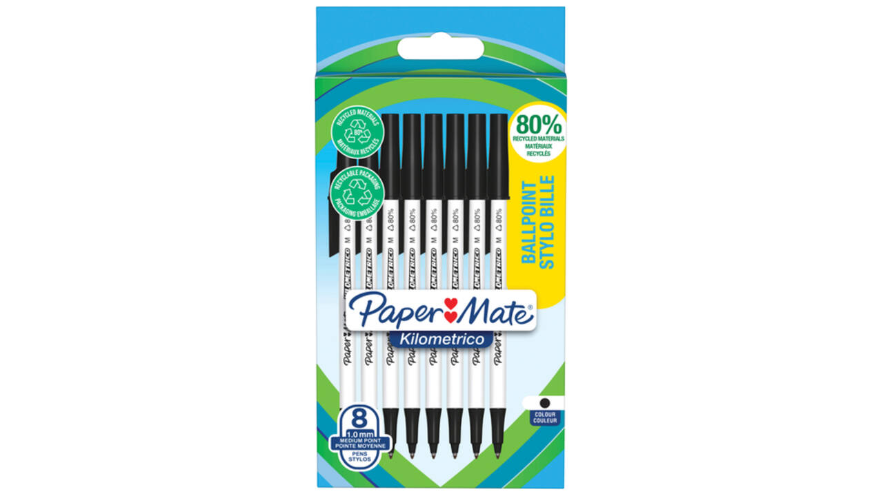 Balpen Paper Mate Kilometrico Recycled medium zwart blister à 8 stuks