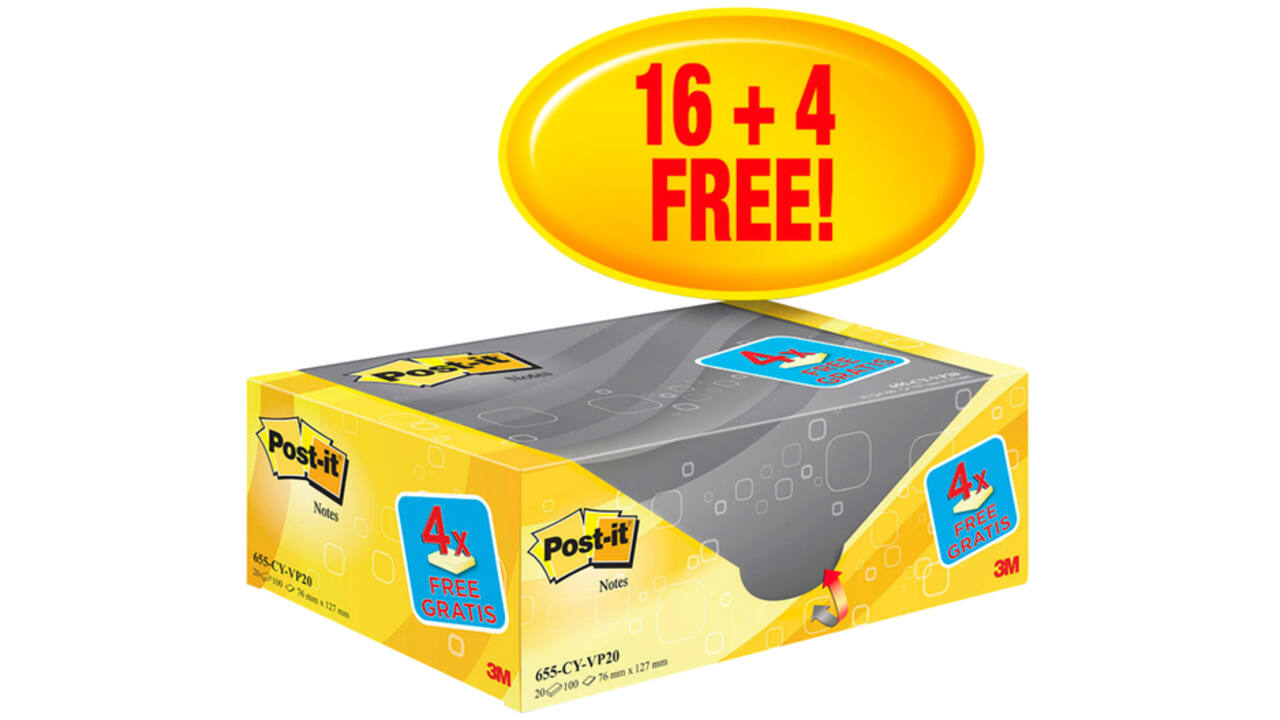 Memoblok 3M Post-it 655 76x127mm geel 16 + 4 gratis
