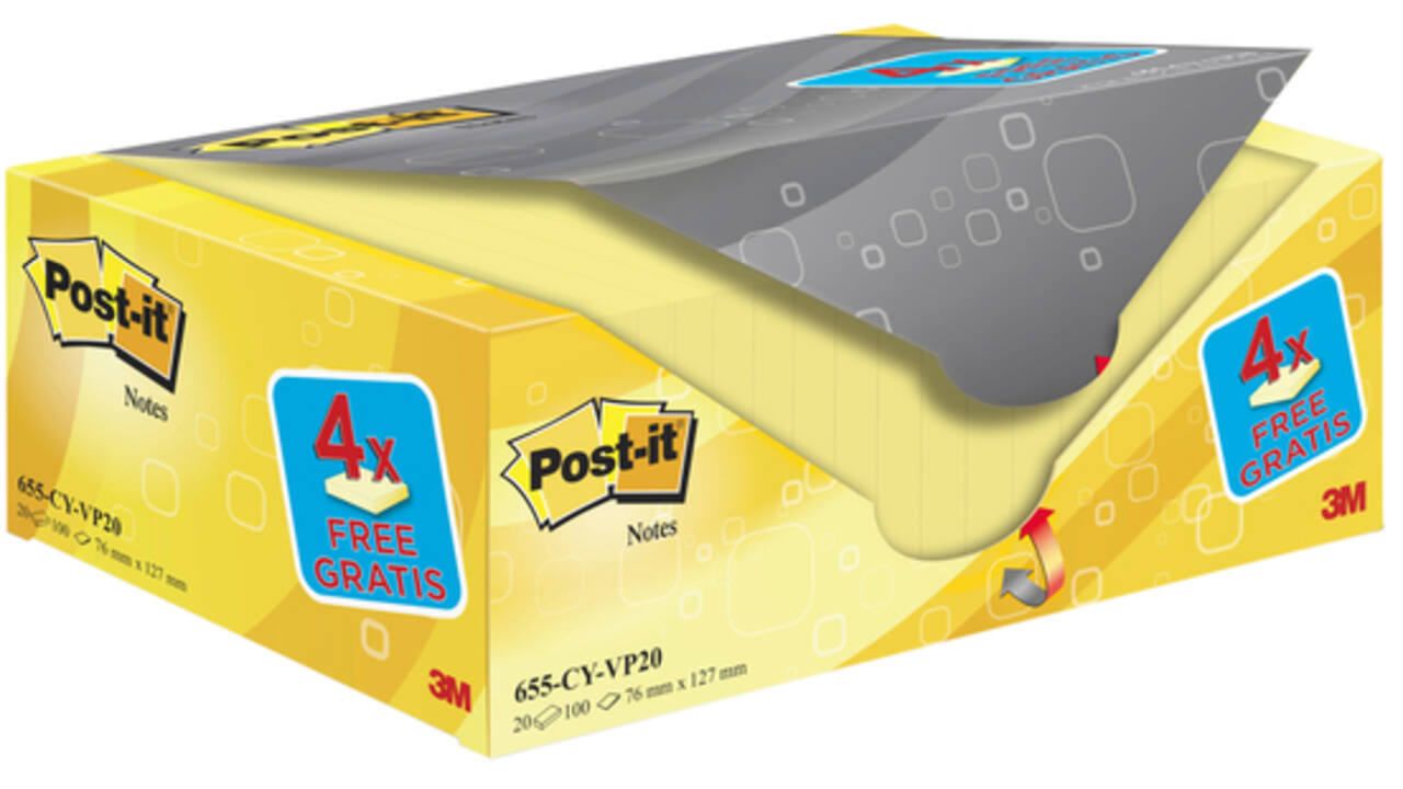 Memoblok 3M Post-it 655 76x127mm geel 16 + 4 gratis