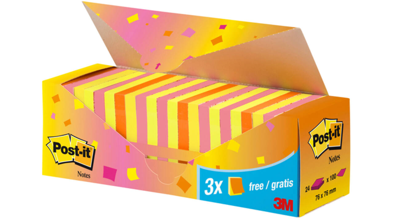 Memoblok 3M Post-it 654 76x76mm neon assorti 21 + 3 gratis