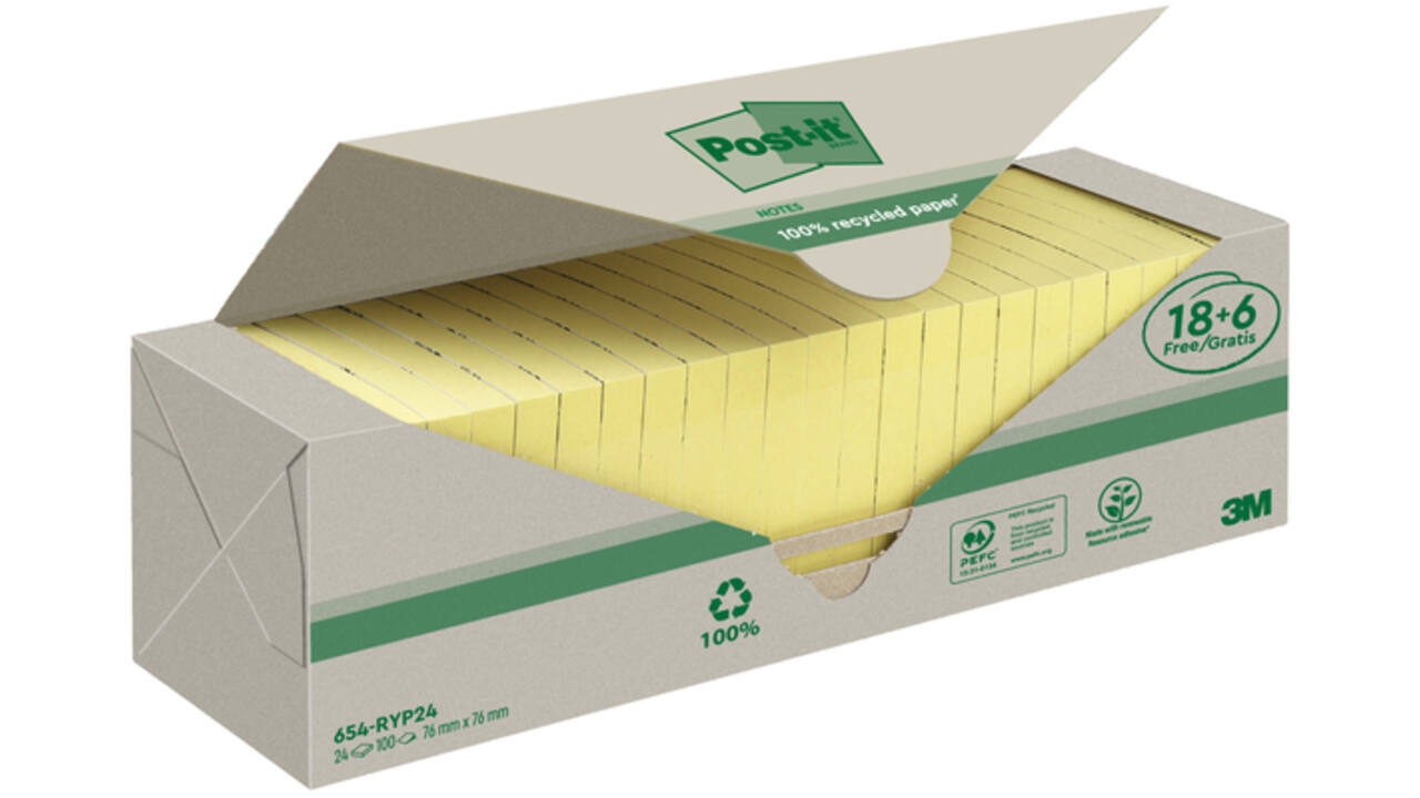 Memoblok 3M Post-it 654 76x76mm recycle geel 18 + 6 gratis