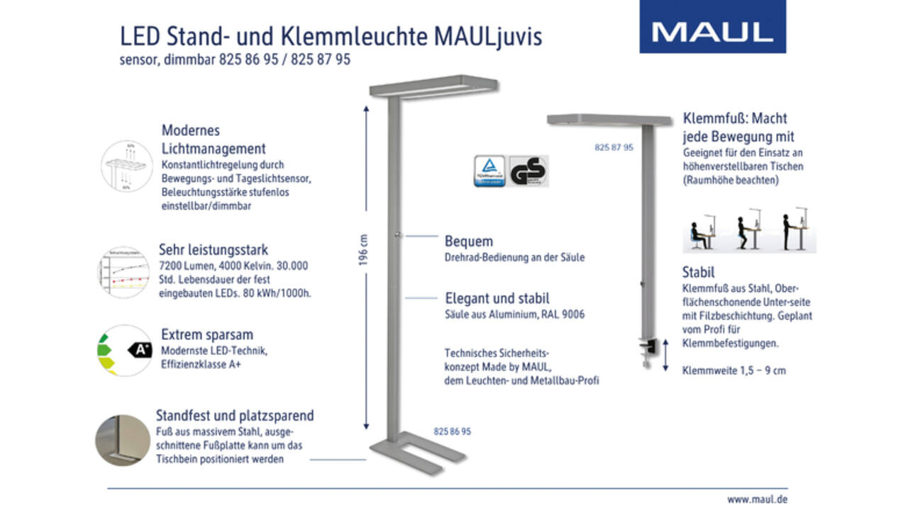 Werkpleklamp tafelklem MAUL Juvis LED beweging- daglichtsensor dimbaar hg 120cm zilver