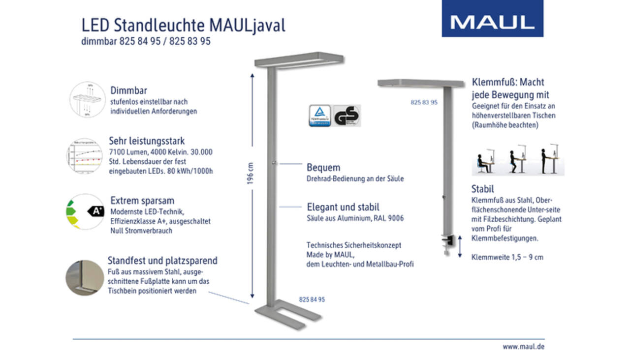 Werkplek tafelklem MAUL Javal LED dimbaar hg 120cm zilver