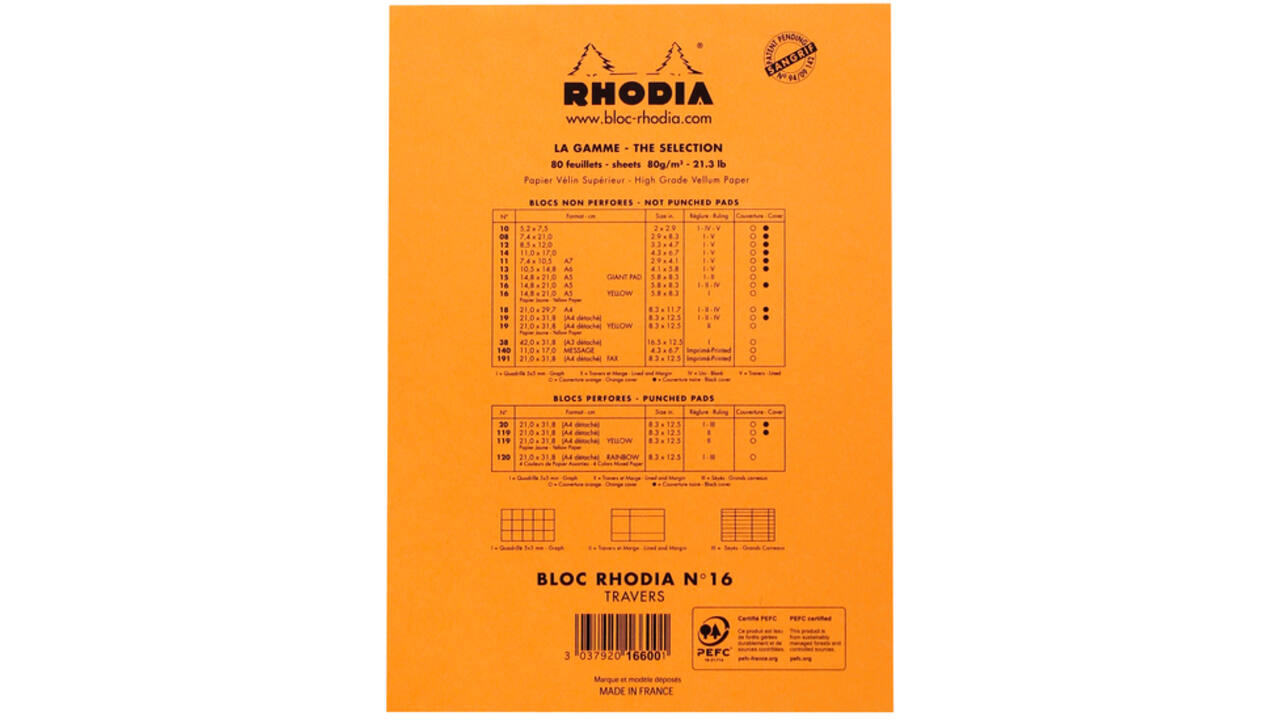 Schrijfblok Rhodia A5 lijn 80 vel 80gr met kantlijn oranje