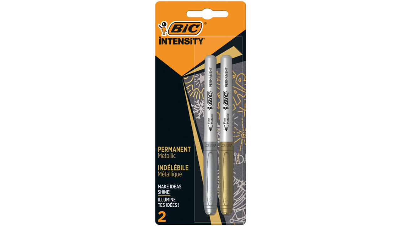 Viltstift Bic Intensity rond permanent fine metallic zilver en goud blister à 2 stuks