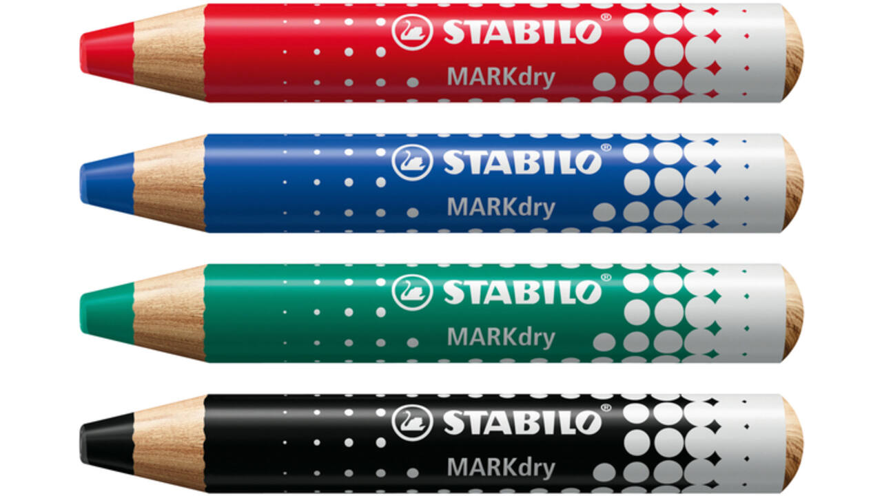 Whiteboardpotlood STABILO MARKdry 648/4 inclusief slijper en microvezeldoek assorti etui à 4 stuks
