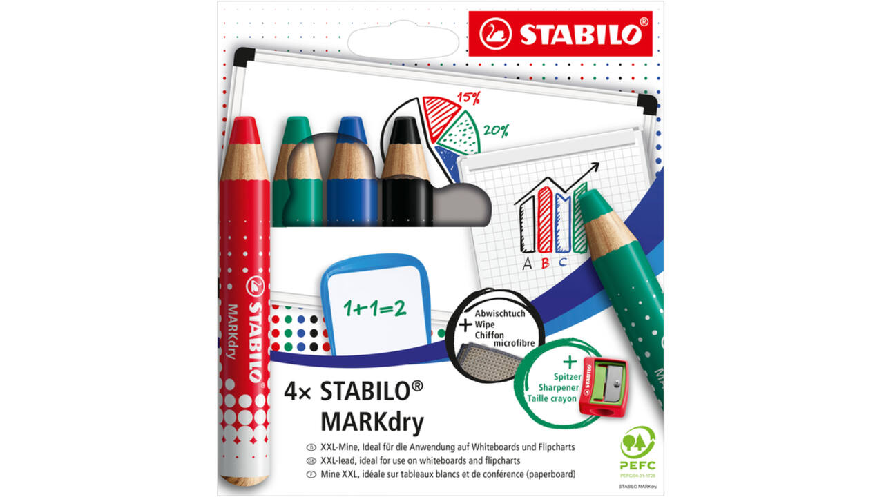 Whiteboardpotlood STABILO MARKdry 648/4 inclusief slijper en microvezeldoek assorti etui à 4 stuks