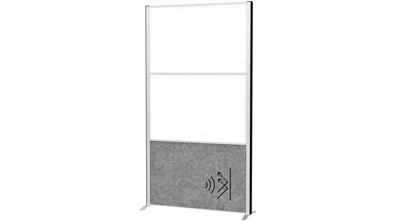 Scheidingswand MAUL akoestiek 100x180 2x whiteb. 1x donkergr alum.frame op voet
