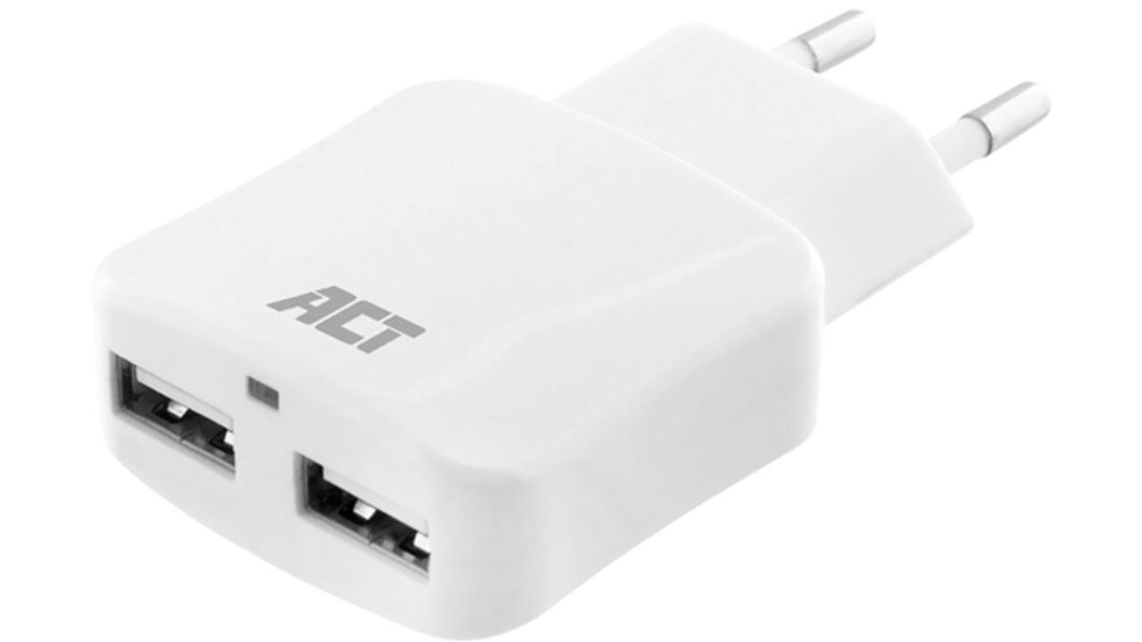 Oplader ACT USB 2 poorts 2.1A 12W wit