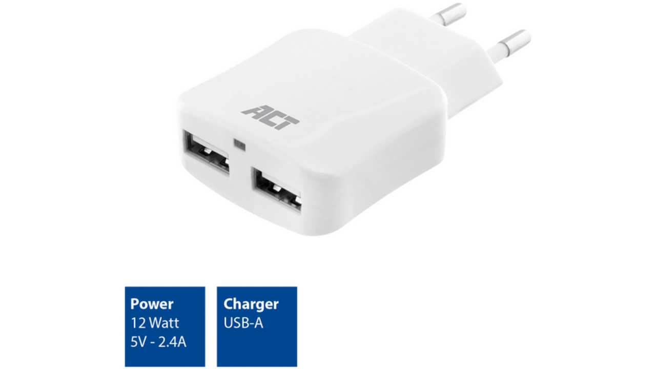 Oplader ACT USB 2 poorts 2.1A 12W wit
