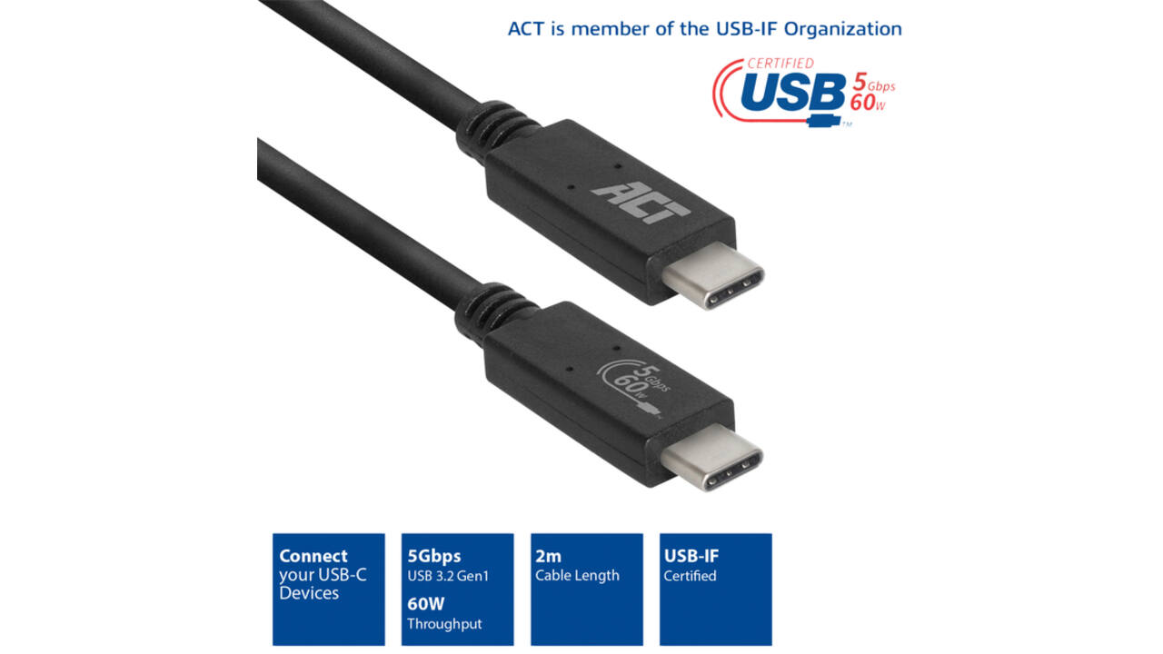 Kabel ACT USB 3.2 USB-C USB-IF gecertificeerd 2 meter