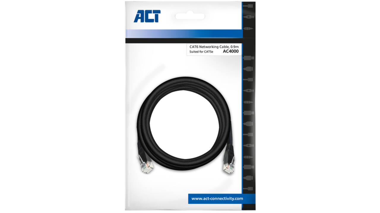 Kabel ACT CAT6 Network koper 0.9 meter zwart