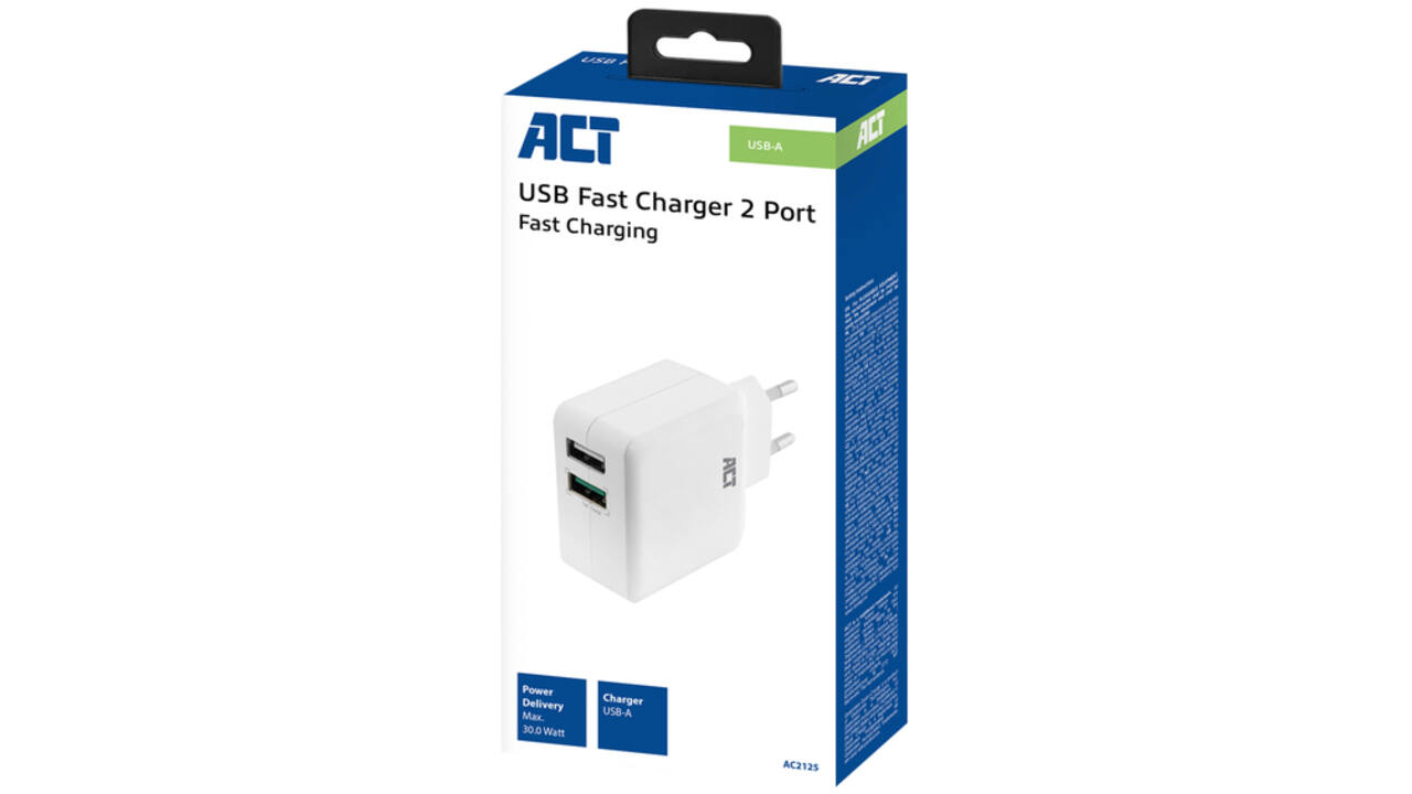 Oplader ACT USB 2 poorts Quickcharge 30W wit