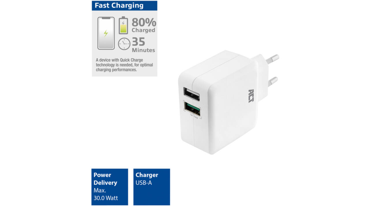 Oplader ACT USB 2 poorts Quickcharge 30W wit