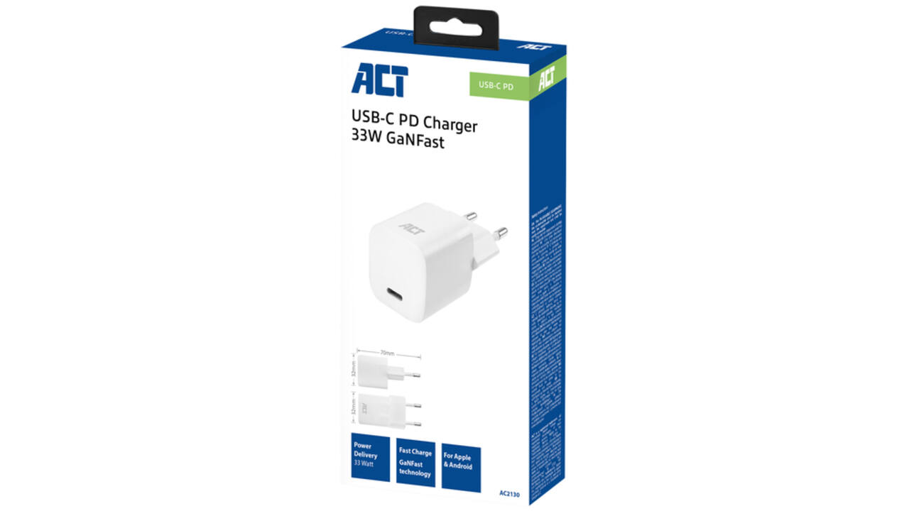 Oplader ACT USB-C compact GaNFast 33W wit